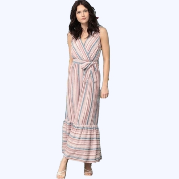 Donna Morgan Dresses & Skirts - Sleeveless Striped Tiered Wrap Style Belted Velvet Maxi Dress w Pockets 8